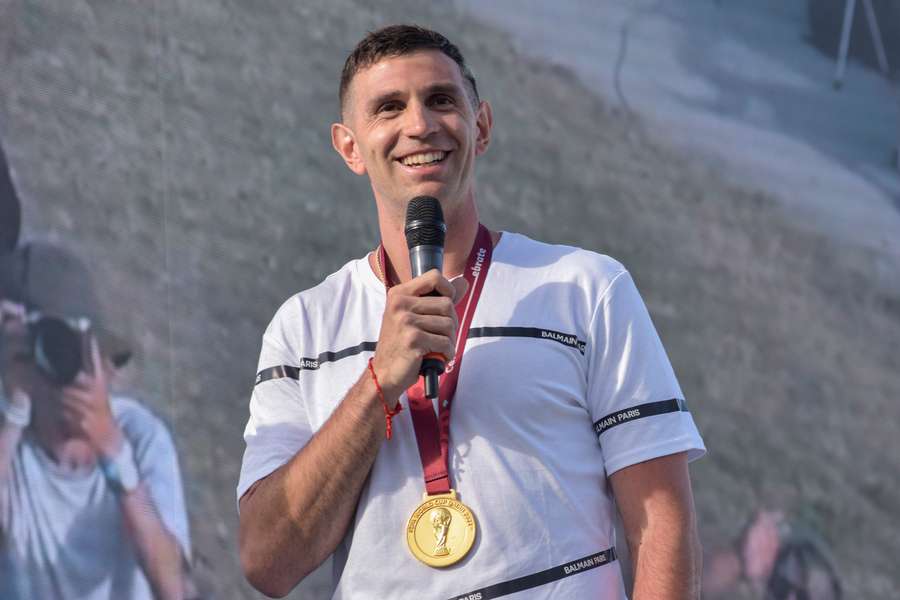 Emiliano Martinez speaks to fans in Mar del Plata, Argentina, after their World Cup triumph in Qatar