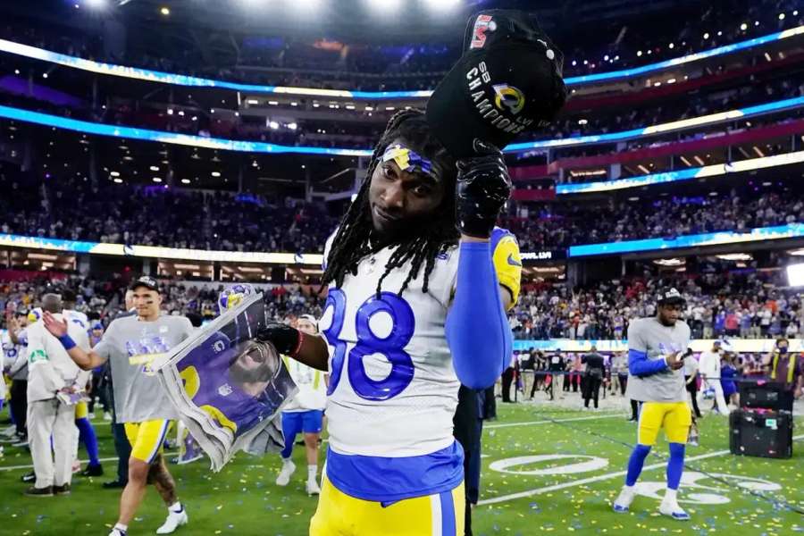 Los Angeles Rams' Buddy Howell celebrates after winning the Super Bowl