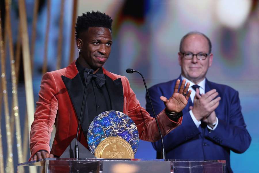 Real Madrid's Vinicius Junior after being awarded the Socrates Award by Prince Albert II of Monaco