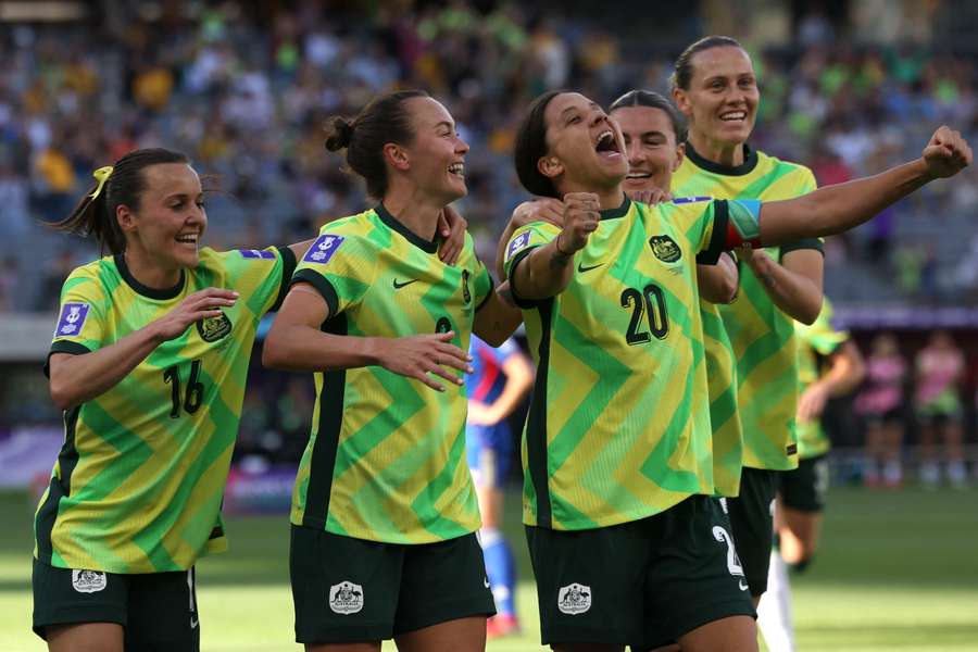 Sam Kerr celebrates her goal scored in the opening match of the 2026 Women's Asian Cup in Perth.