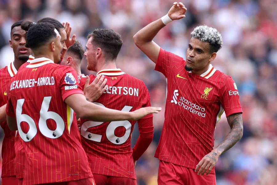 Luis Diaz celebrates scoring his second goal for Liverpool