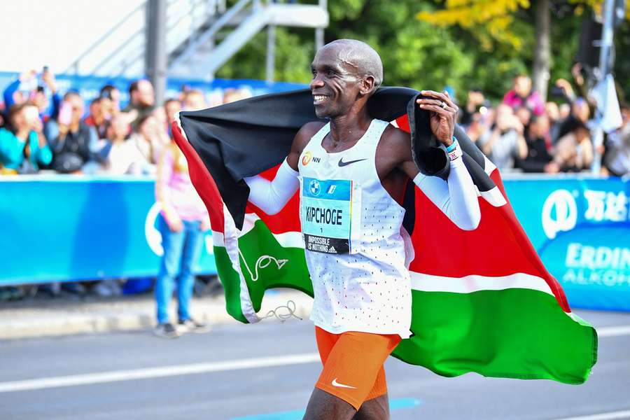 Kipchoge celebrates after the 2022 Berlin Marathon