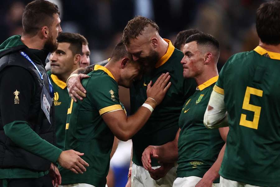 South Africa celebrate after beating France in the quarter-final of the Rugby World Cup