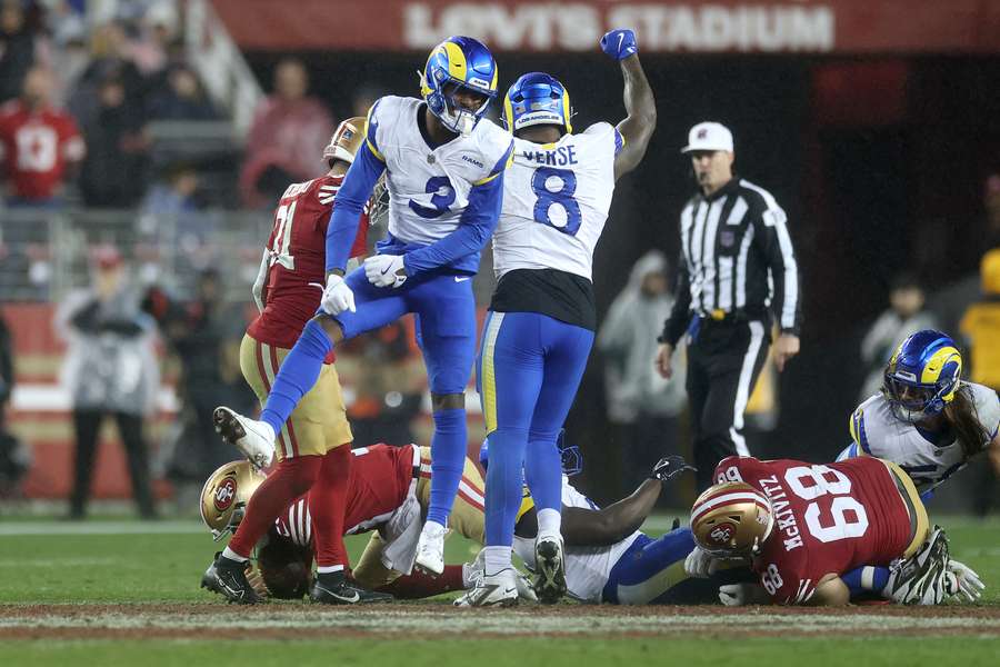 Kamren Curl and Jared Verse celebrate for the Rams