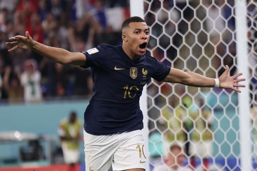 Mbappe celebrates after scoring France's opening goal against Denmark on Saturday.