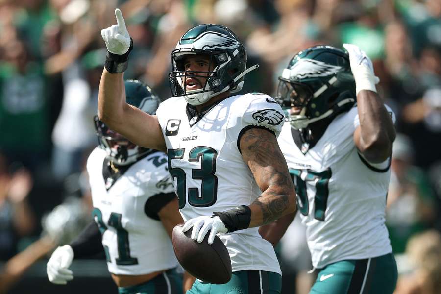 Zack Baun of the Philadelphia Eagles celebrates after catching an interception against the Los Angeles Rams