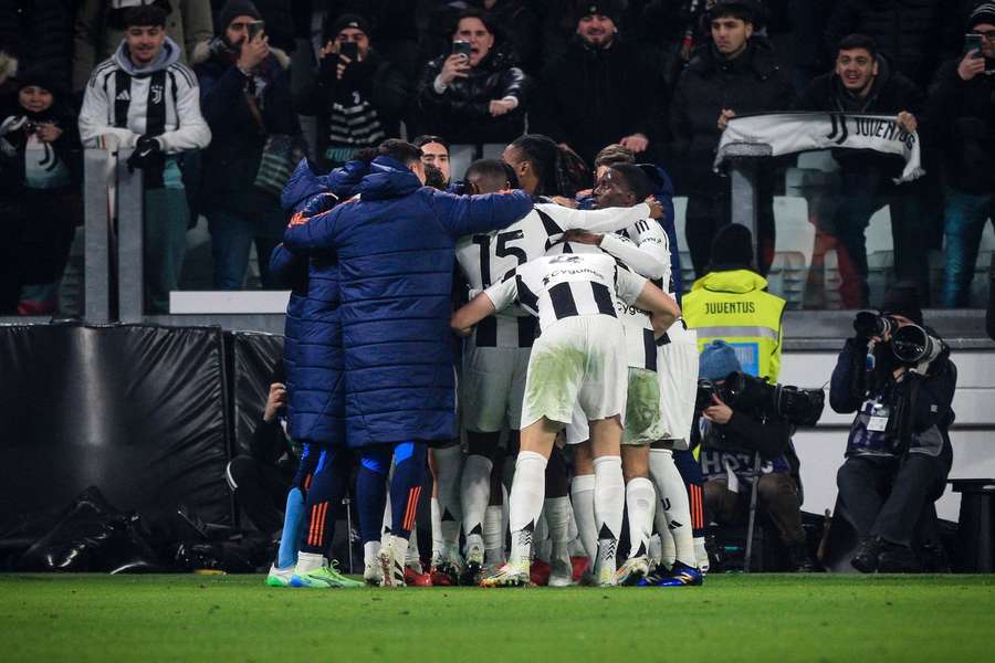 Juventus forward Samuel Mbangula (51) celebrates with his teammates after scoring