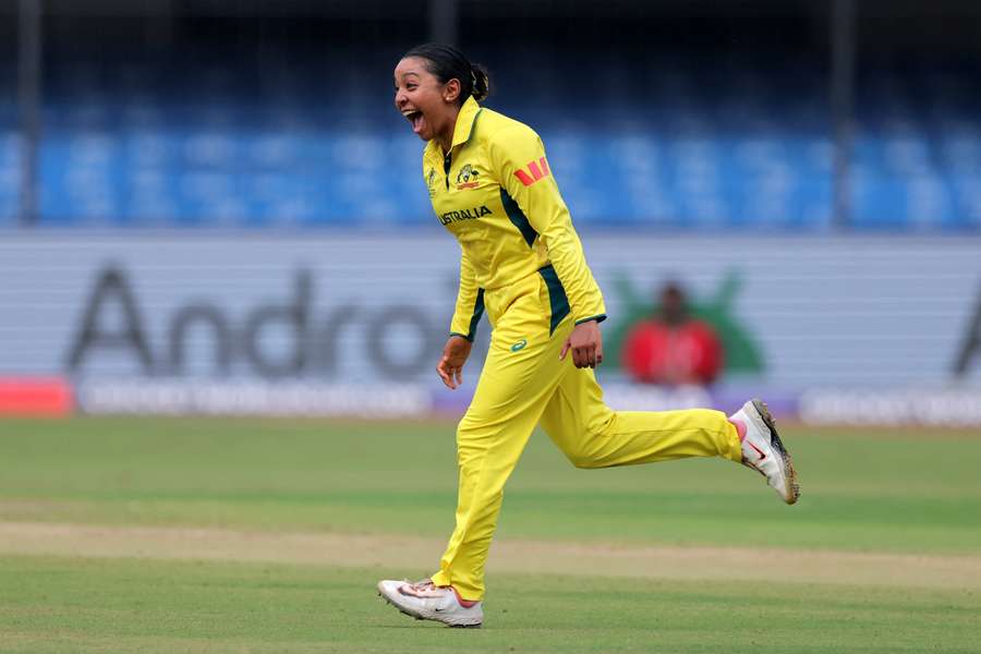 An elated Alana King celebrates one of her SEVEN World Cup wickets against South Africa. An elated Alana King celebrates one of her SEVEN World Cup wickets against South Africa.
