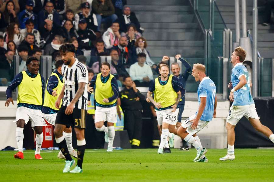 Lazio's Gustav Isaksen celebrates scoring Lazio's Gustav Isaksen celebrates scoring