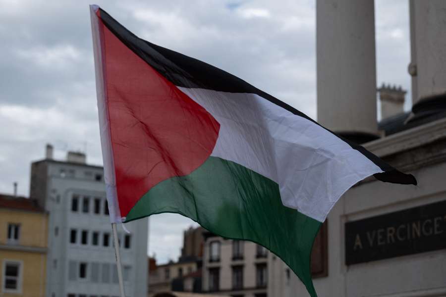 Palestinian flag during the demonstration to protest Israel's participation in the Olympic Games 2024 in Paris