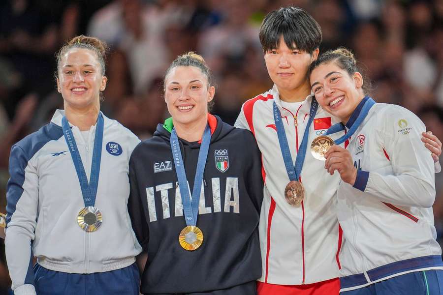 A judoca portuguesa Patrícia Sampaio conquista a medalha de bronze durante os Jogos Olímpicos de Paris