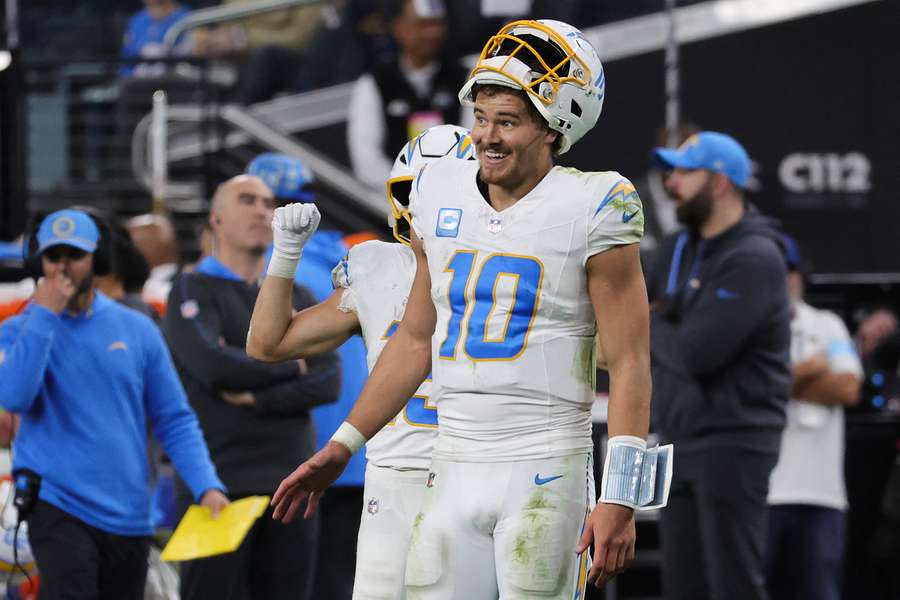 Justin Herbert reacts after a touchdown against the Las Vegas Raiders (2025) Justin Herbert reacts after a touchdown against the Las Vegas Raiders (2025)