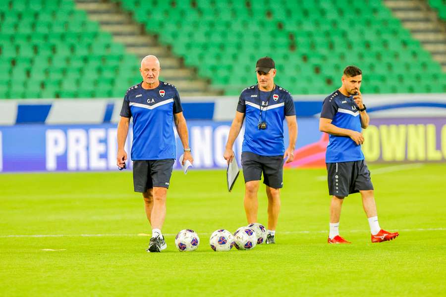 Australia's own Graham Arnold conducts an Iraq national team training session at Basra International Stadium.