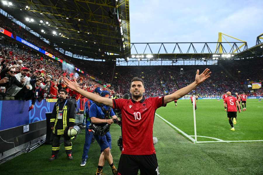 Nedim Bajrami celebrates after putting Albania ahead against Italy with the fastest-ever goal at the Euros