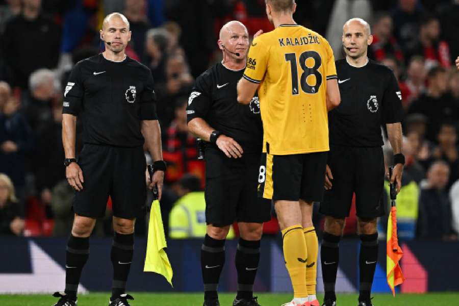 Wolverhampton Wanderers' Sasa Kalajdzic remonstrates with referee Simon Hooper after the match