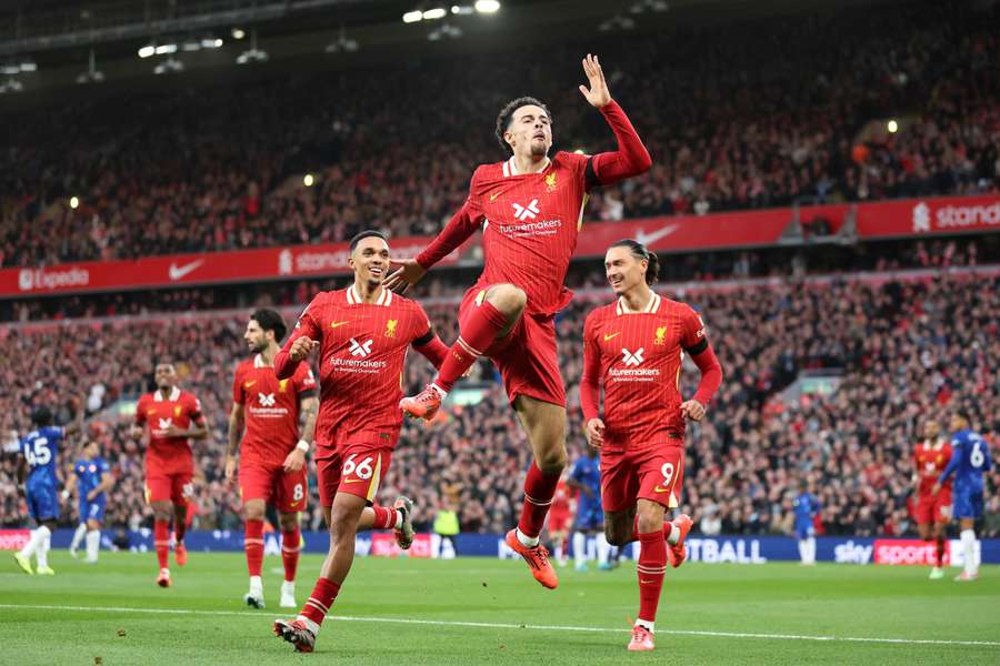 Curtis Jones celebrates after scoring Liverpool's second goal