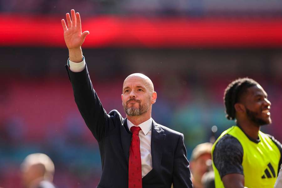 Manchester United manager Erik ten Hag celebrates after winning the FA Cup final at Wembley