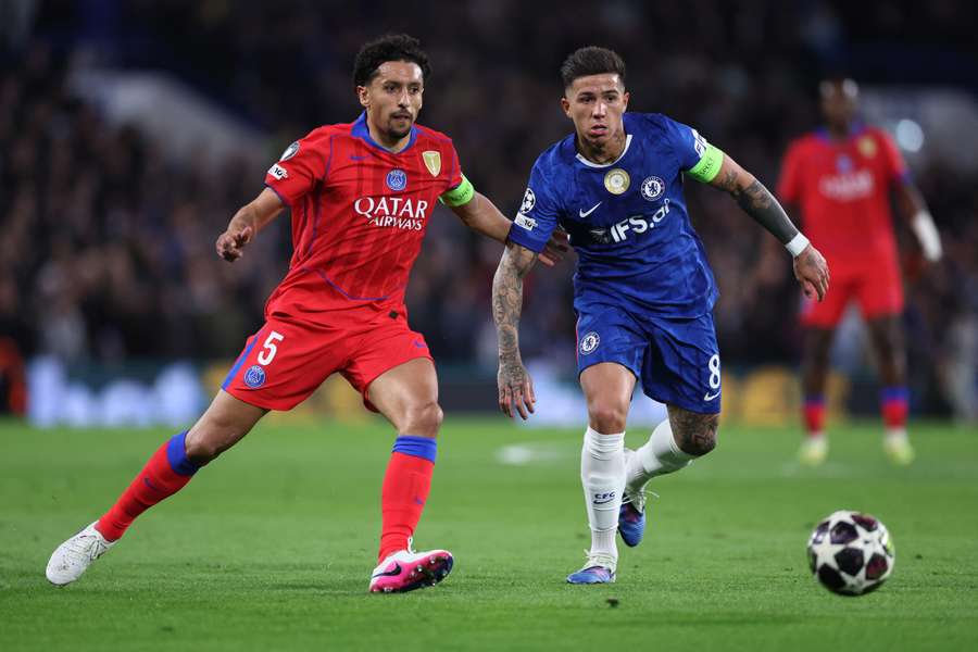 Chelsea's Enzo Fernandez in action with PSG's Marquinhos