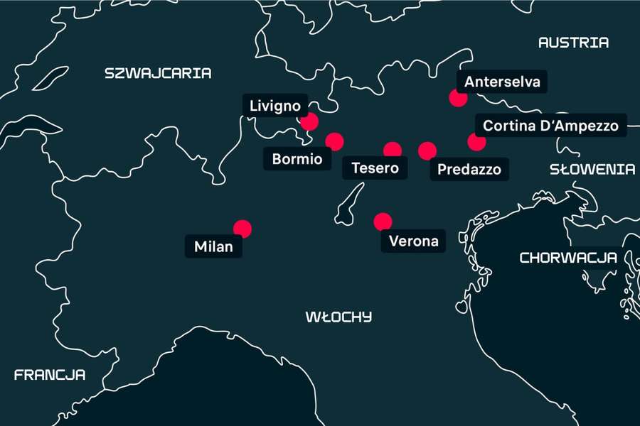 Mapa poszczególnych miejsc rozgrywania olimpijady mediolańskiej.