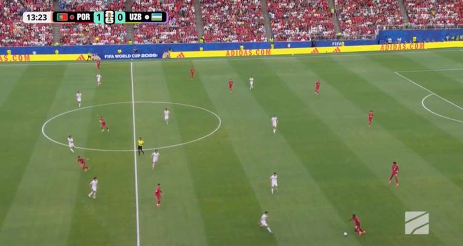 Troca dos 3 jogadores no lance do livre que originou o 2.º golo
