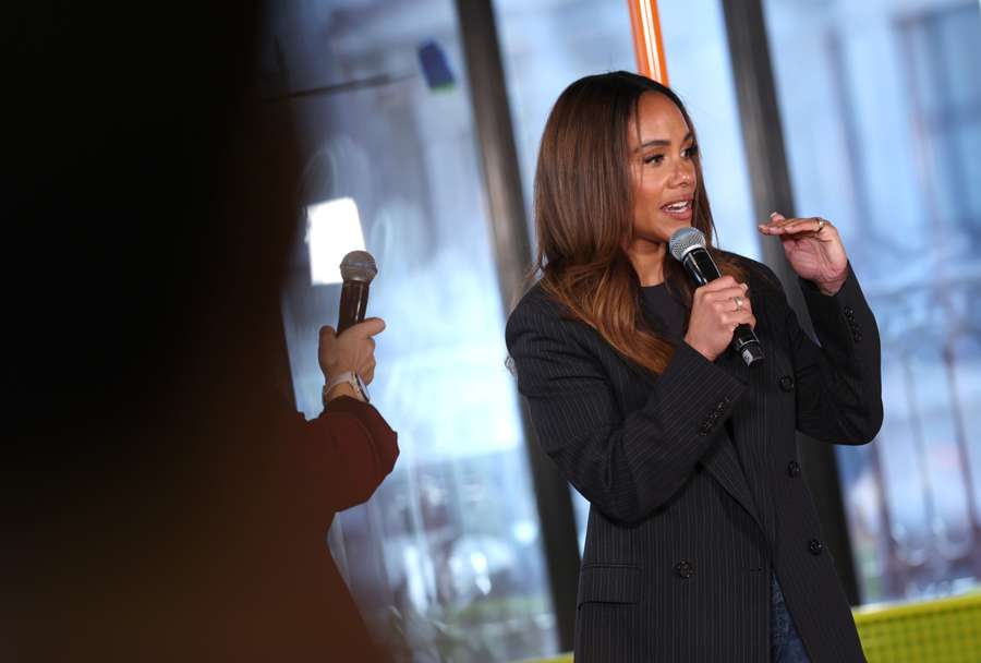 Alex Scott speaking at the Women's Champions League's official launch