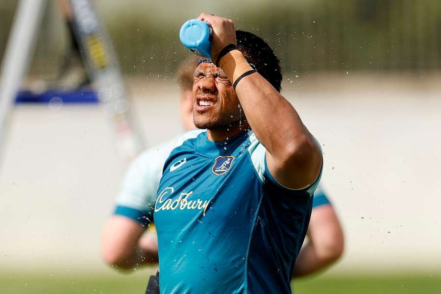 Allan Alaalatoa cools off during a Wallabies training session in Sydney on Thursday.