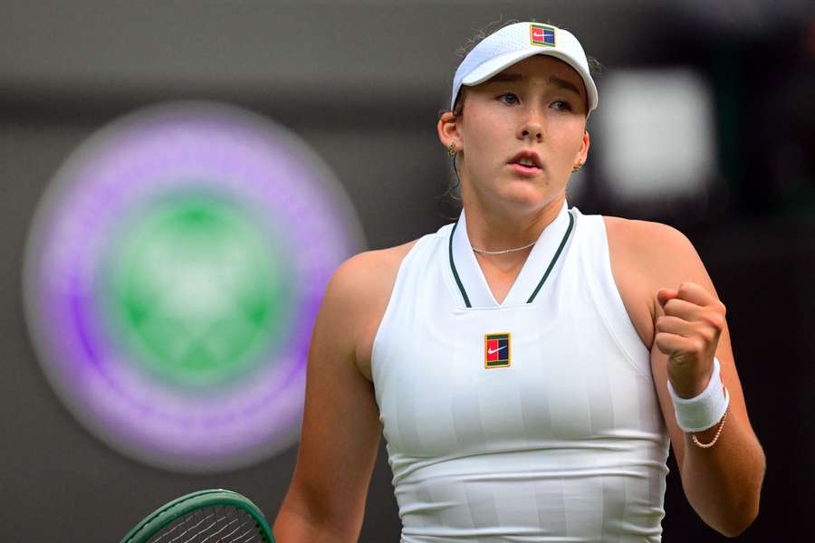 Andreeva with a muted celebration after winning in the First Round