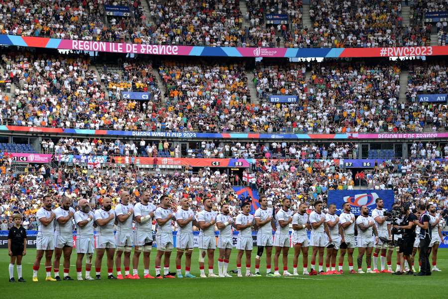 Georgia's players sing their national anthem ahead of their match with Australia