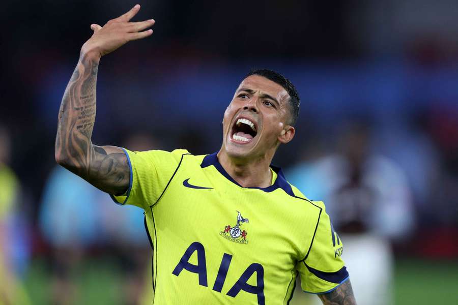Tottenham Hotspur's Pedro Porro celebrates after the win over Aston Villa 