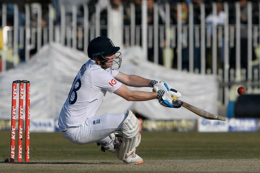 England's Harry Brook plays a shot against Pakistan