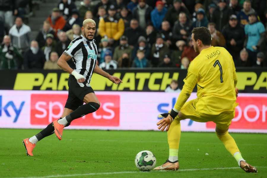 Joelinton scores Newcastle's second goal past Leicester City's Welsh goalkeeper Danny Ward