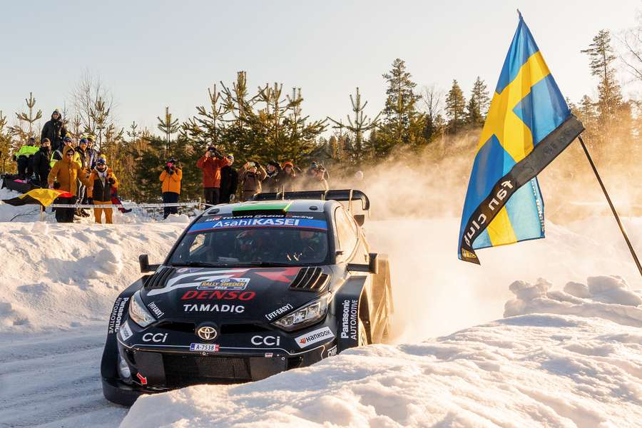 Elfyn Evans with co-driver Scott Martin compete during Rally Sweden