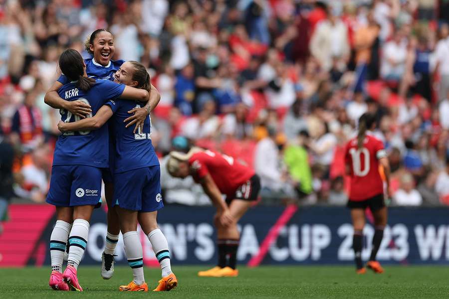 Chelsea players celebrate after winning the Women's FA Cup