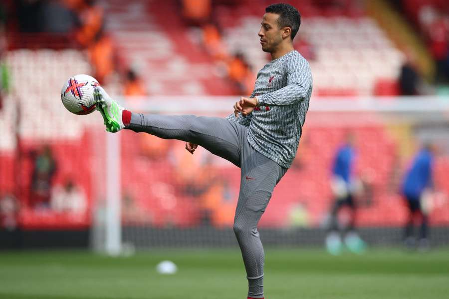 Thiago Alcantara warming up at Anfield