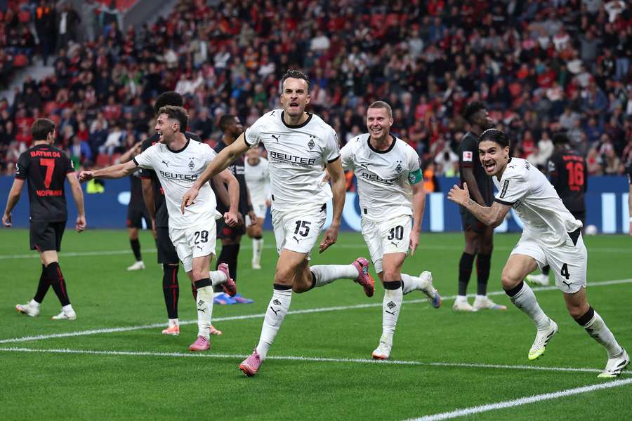 Haris Tabakovic of Borussia Monchengladbach celebrates scoring against Bayer Leverkusen