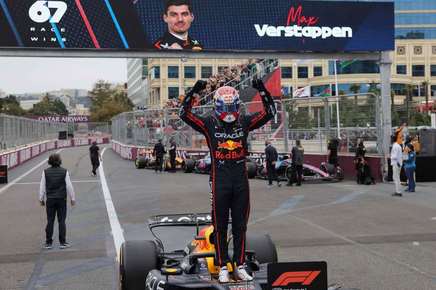 Red Bull's Max Verstappen celebrates winning the Azerbaijan Grand Prix 