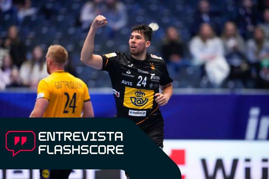 Dani Dujshebaev celebra un gol con España, ante Suecia en el pasado Mundial