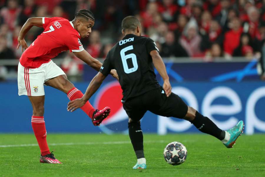 Benfica's Brazilian midfielder David Neres scores his team's fifth goal