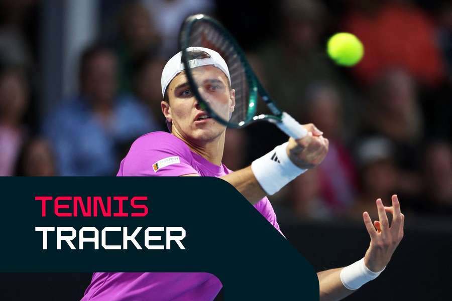Jakub Mensik plays a shot against Ben Shelton in Adelaide
