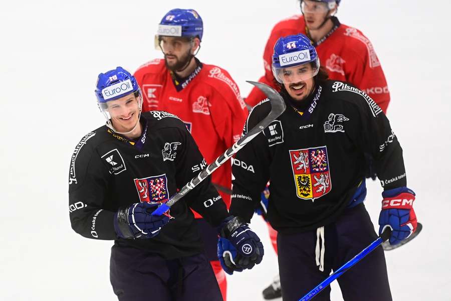 Dominik Kubalík na pondělním tréninku hokejové reprezentace.
