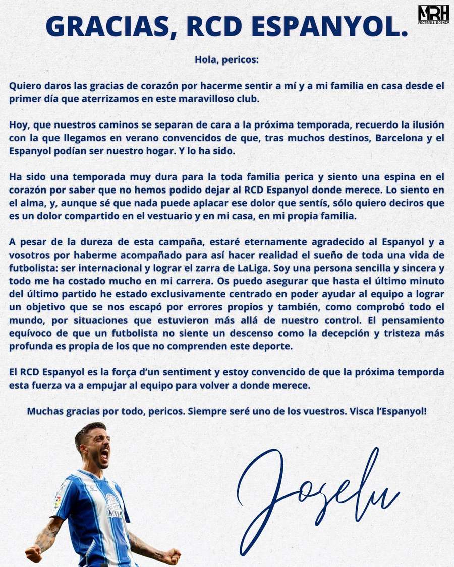 Carta de despedida de Joselu a la afición del Espanyol