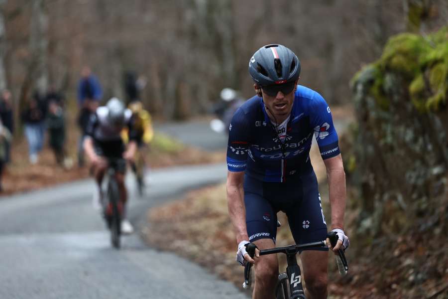 David Gaudu cycles in front of Tadej Pogacar in a breakaway during the final kilometres of the 4th stage of the 81st Paris-Nice cycling race