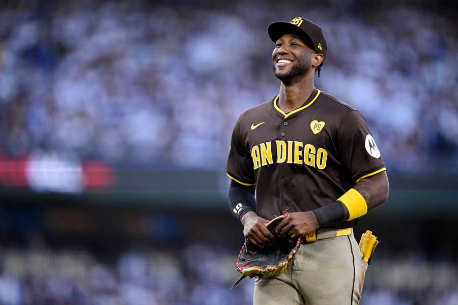 Jurickson Profar smiling in the 2024 NL Divisional round between the Padres and Dodgers