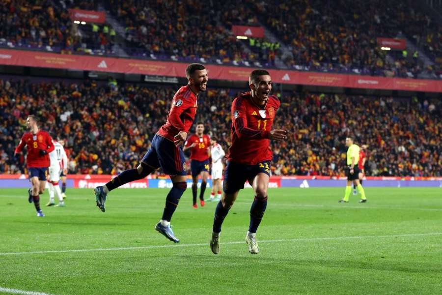 Ferran Torres celebrates after scoring Spain's second goal
