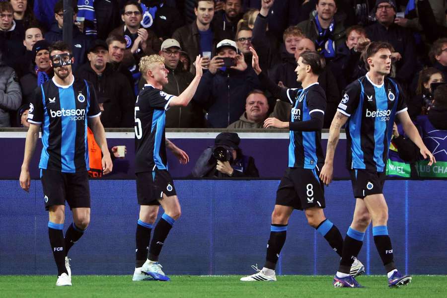 Club Brugge's Joaquin Seys celebrates scoring his second goal with Freddie Potts Club Brugge's Joaquin Seys celebrates scoring his second goal with Freddie Potts