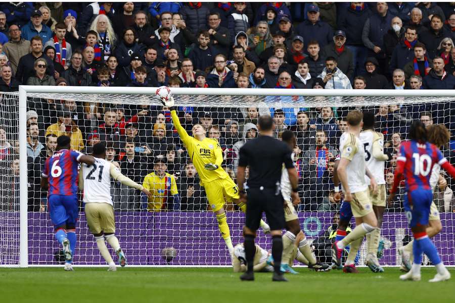 Palace's Eberechi Eze hits the crossbar with a free kick before Leicester's Daniel Iversen scores an own goal