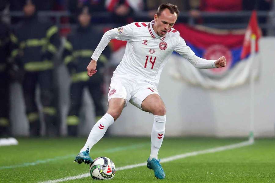 Mikkel Damsgaard in action for Denmark in autumn against Serbia