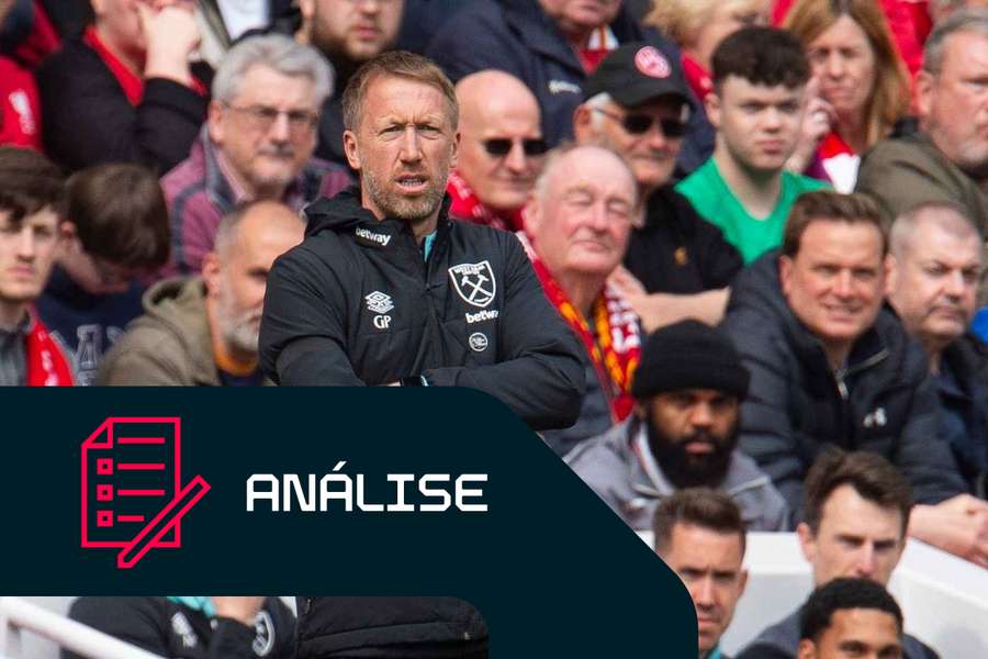 O treinador do West Ham, Graham Potter, observa durante o jogo da Premier League contra o Liverpool, a 13 de abril de 2025