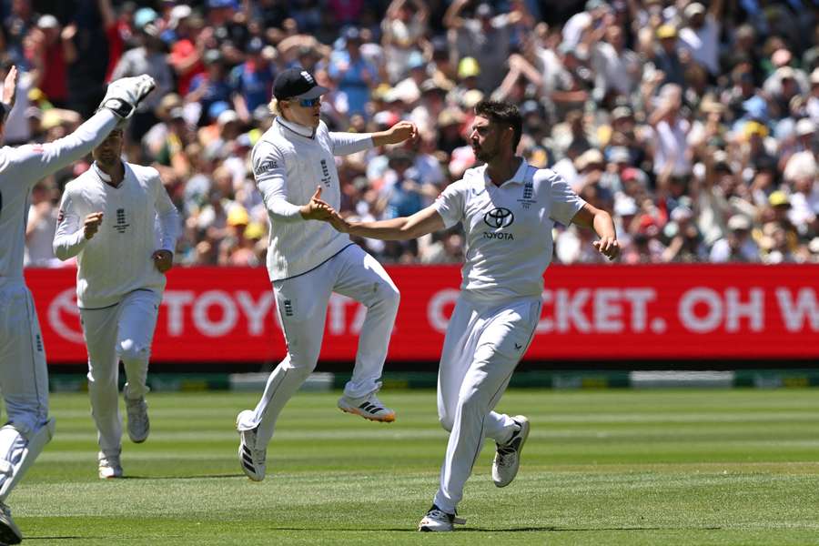 Josh Tongue celebrates the wicket of Usman Khawaja during the middle session of day two.