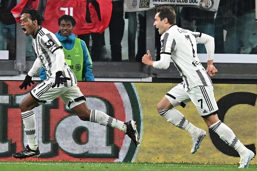 Juan Cuadrado van Juventus viert de 1-0 in de bekerwedstrijd tegen Inter